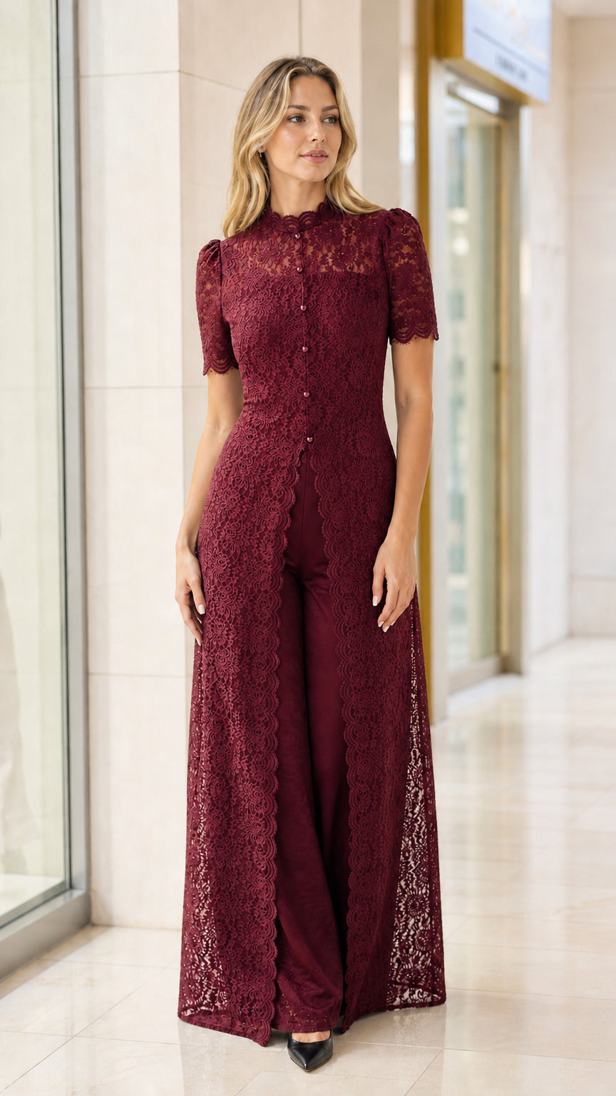Model wearing deep burgundy wine red lace formal pantsuit