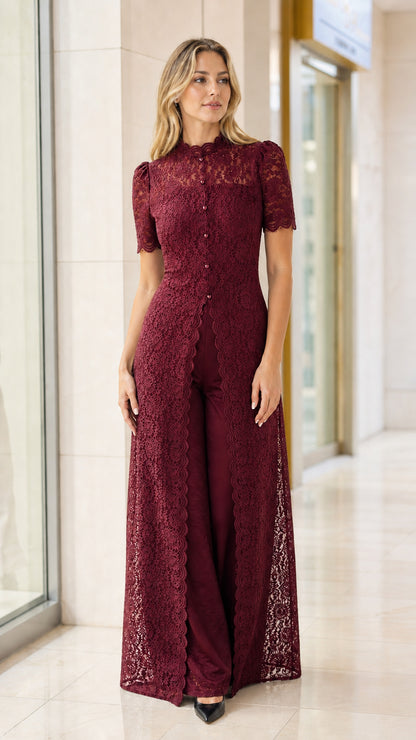 Model wearing deep burgundy wine red lace formal pantsuit