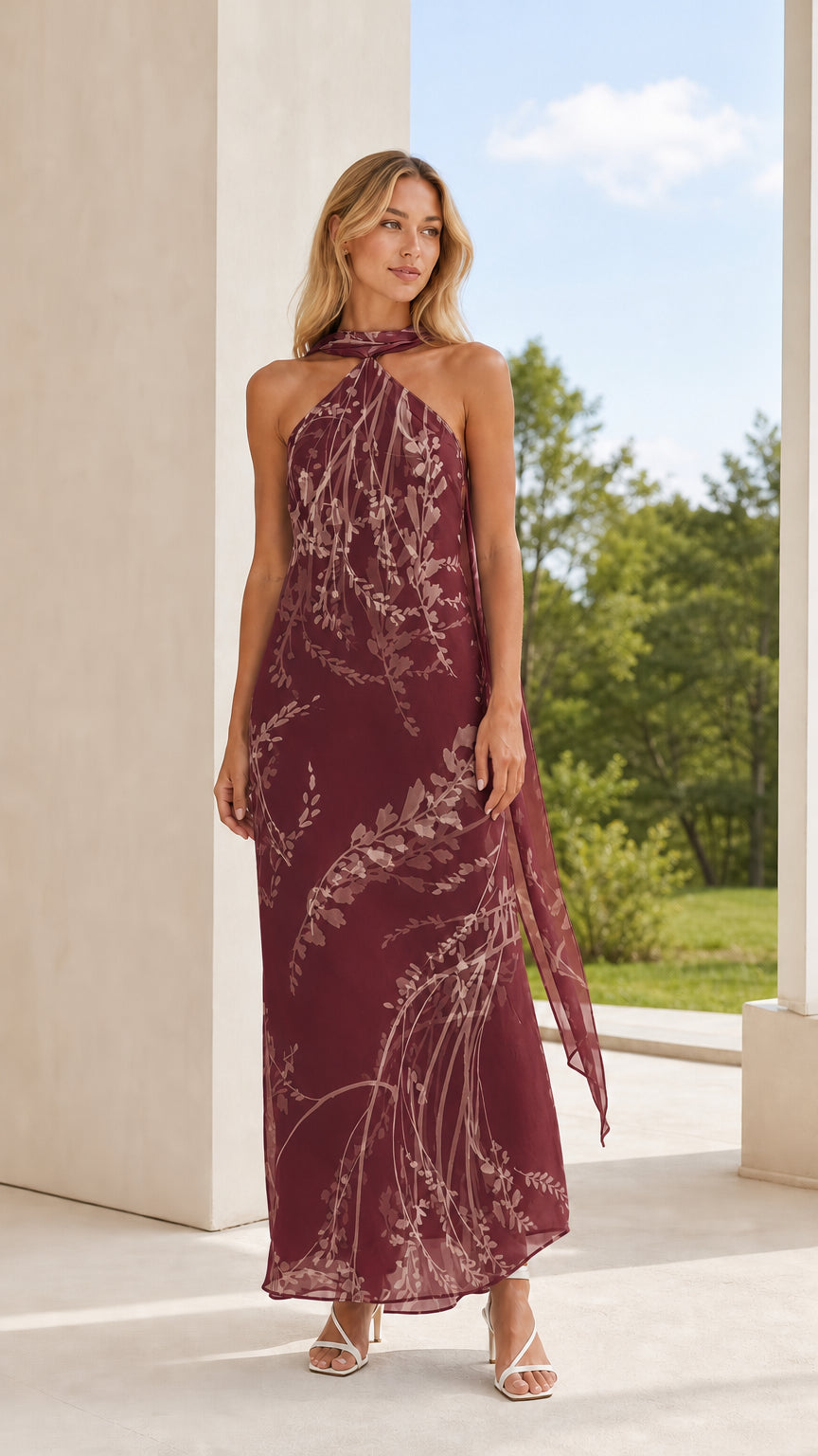 Full length view of model in burgundy floral halter maxi dress
