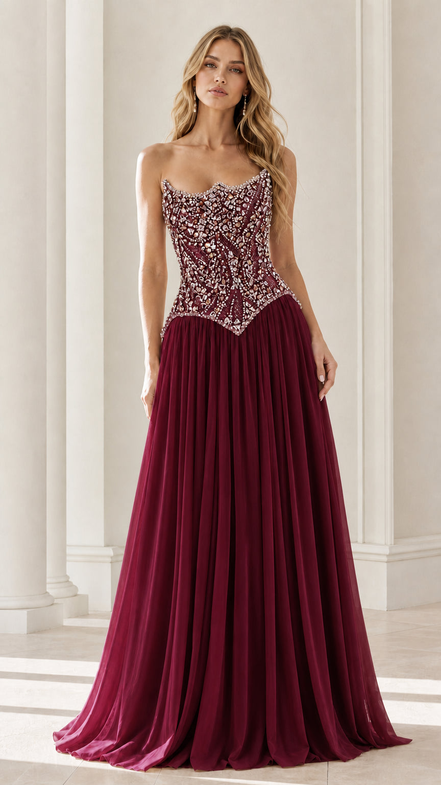 Front view of burgundy red formal dress