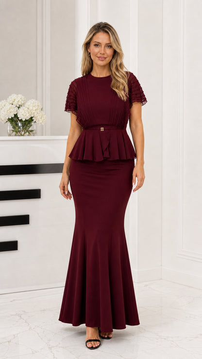 Front view of burgundy wine red peplum mermaid gown