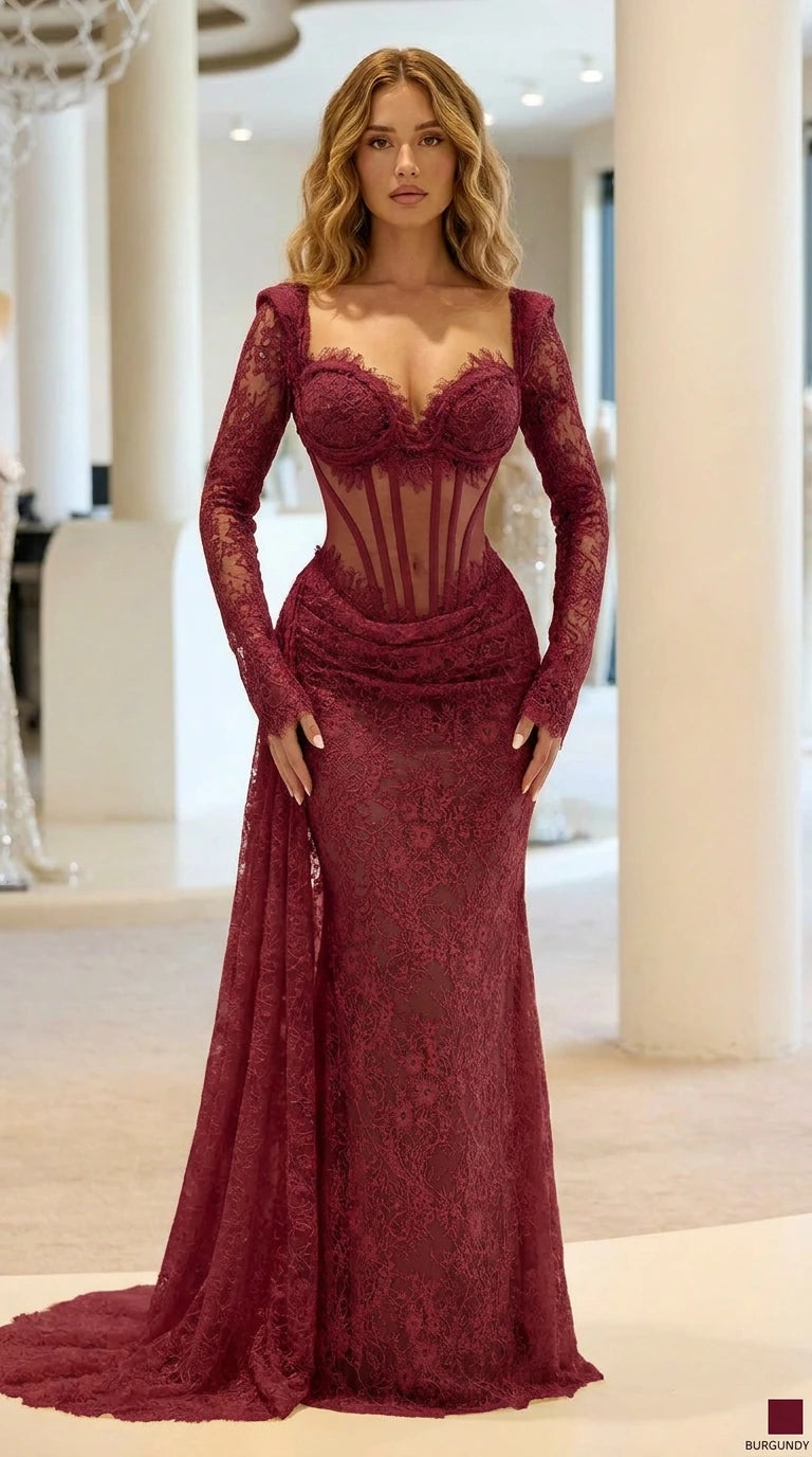 Front view of burgundy long sleeve corset lace evening gown
