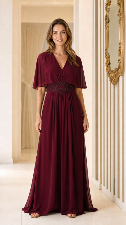 Full view of burgundy V-neck chiffon maxi dress