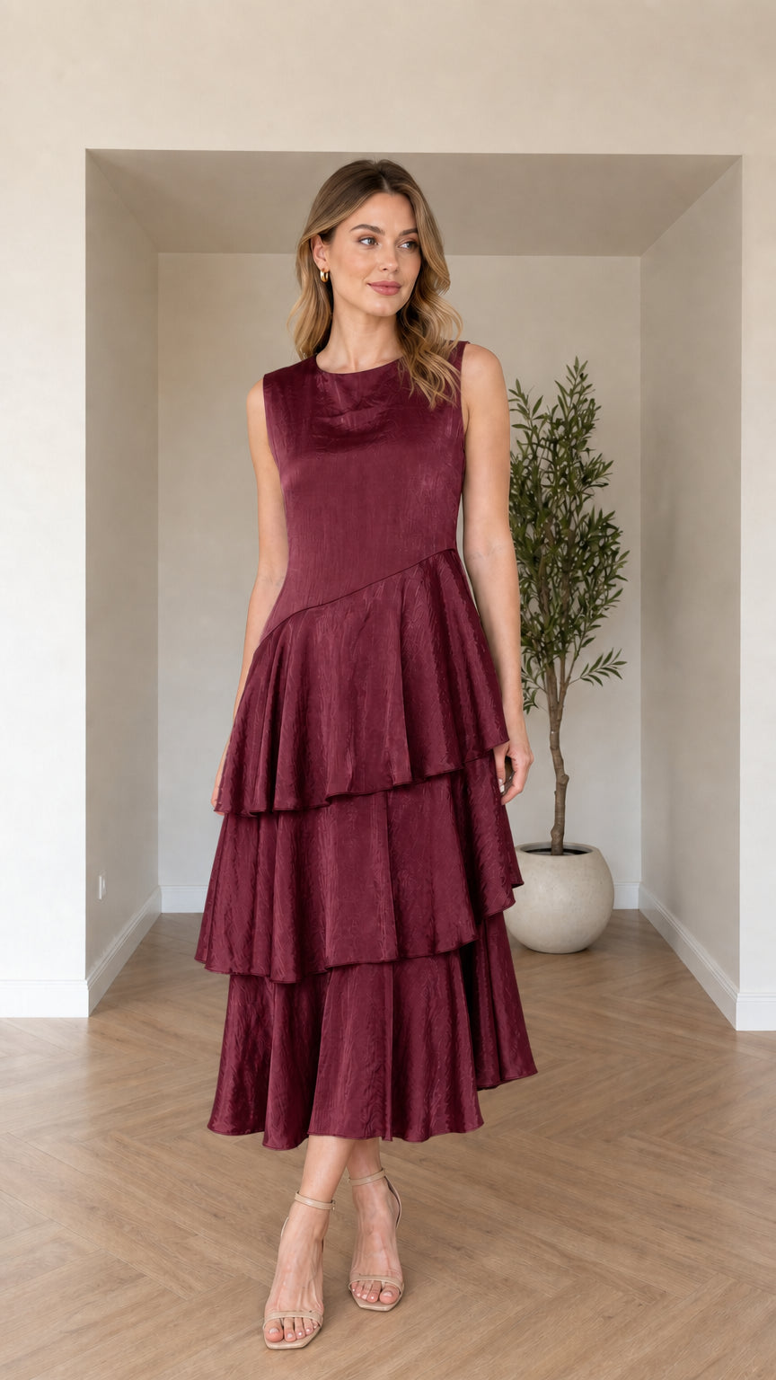 Model wearing deep burgundy red sleeveless tiered asymmetric midi dress