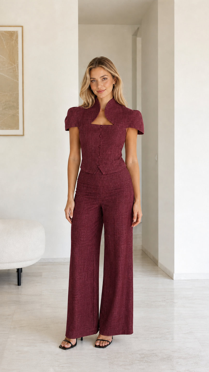 Model wearing burgundy color variant of two-piece set