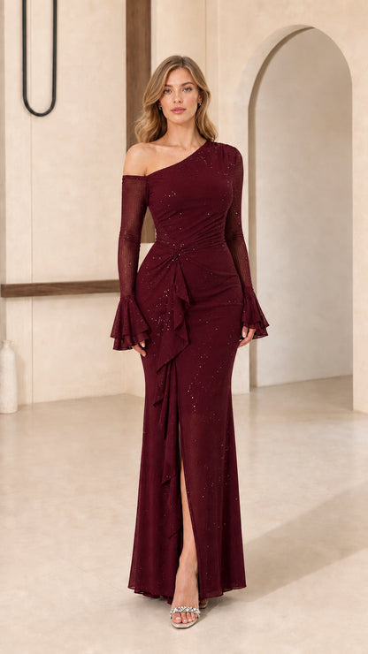 Model wearing burgundy one-shoulder evening gown