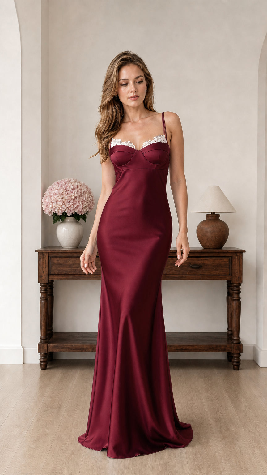 Front view of burgundy satin evening dress