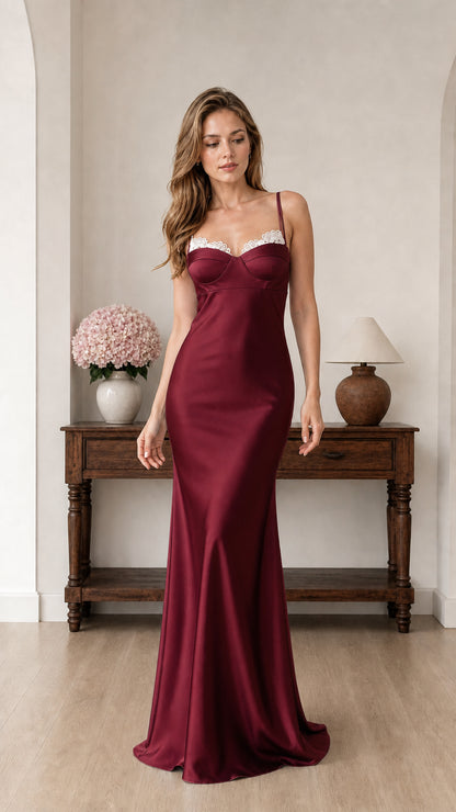 Front view of burgundy satin evening dress