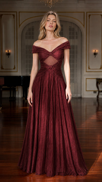 Front view of model wearing rich burgundy evening dress