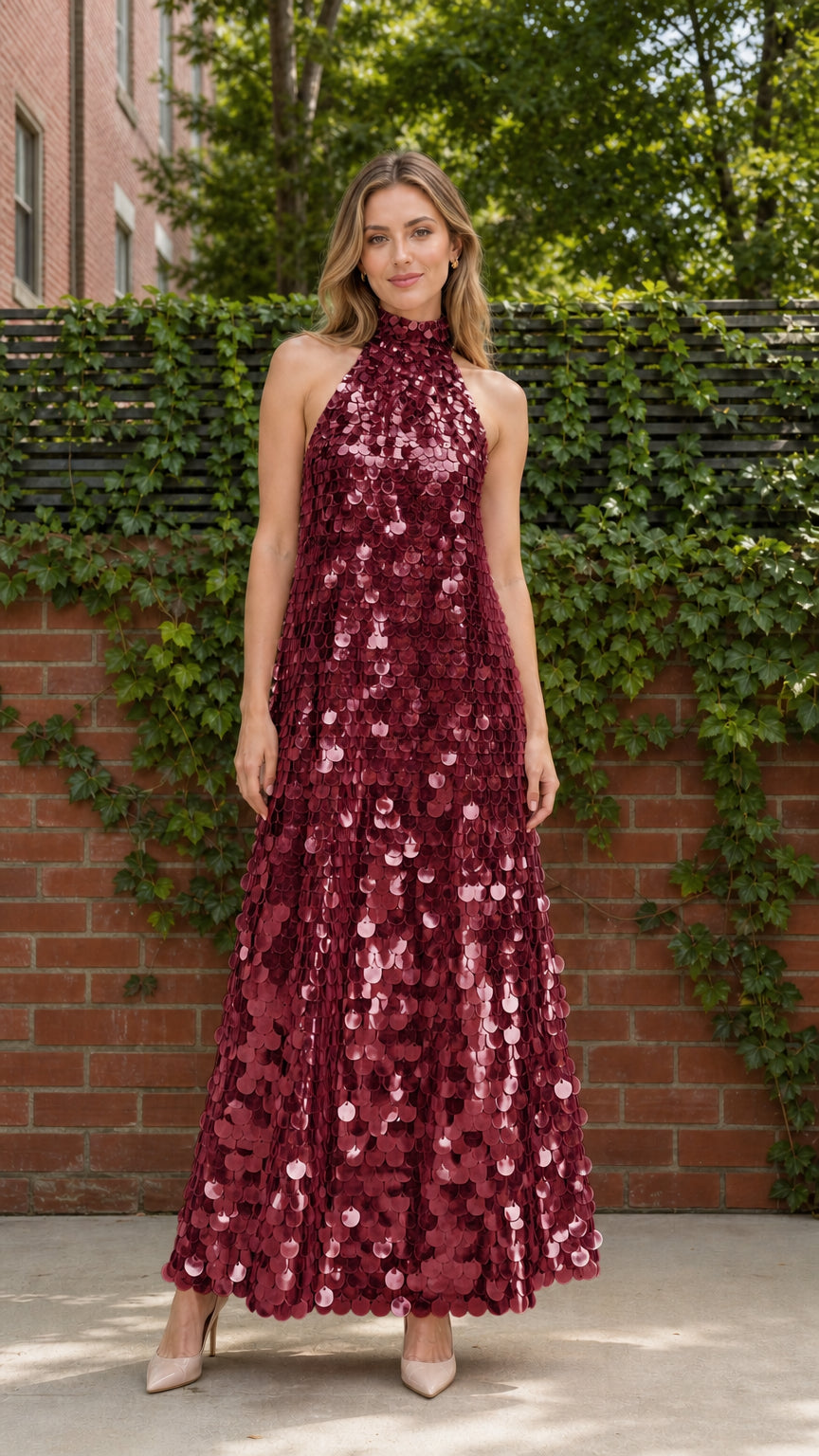 Model wearing burgundy wine red high neck sequin paillette evening maxi gown