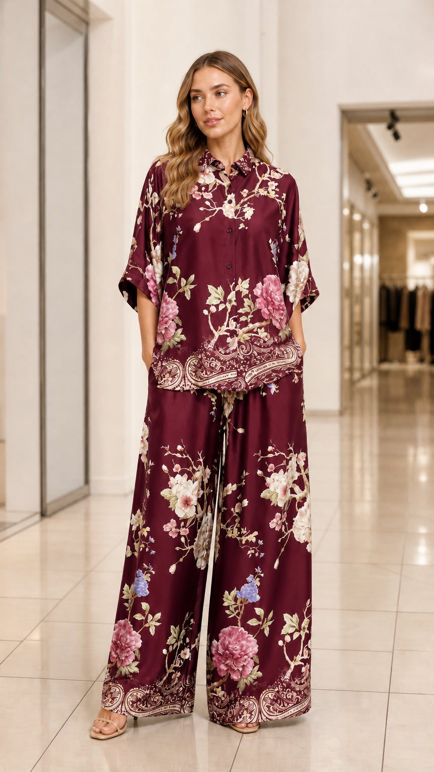 Model wearing burgundy floral print satin two-piece shirt and pants set