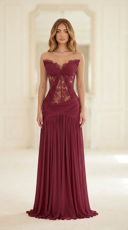 Burgundy red strapless lace corset pleated formal dress