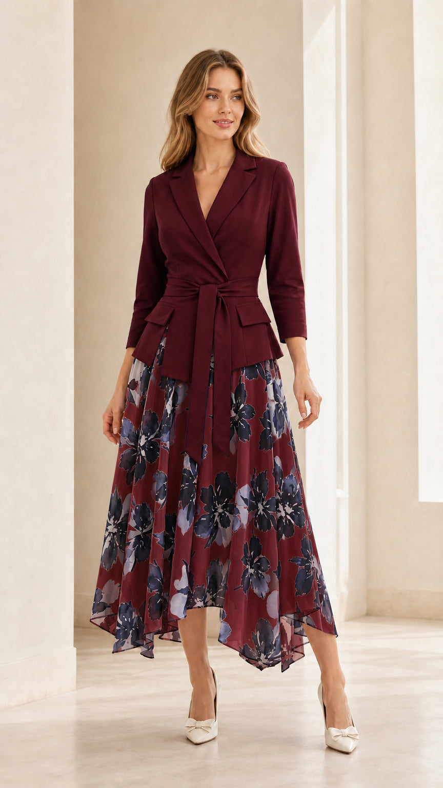 Full length view of woman wearing burgundy blazer style floral midi dress