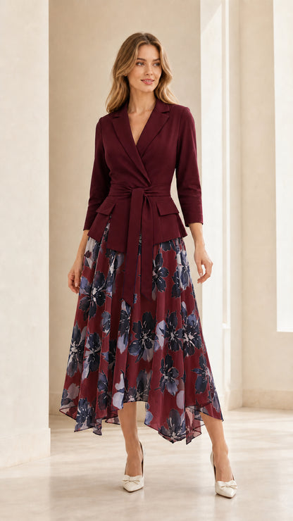 Full length view of woman wearing burgundy blazer style floral midi dress