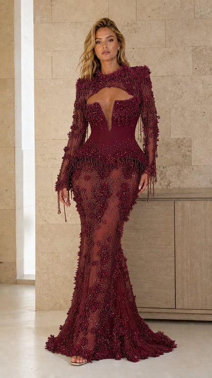 Front view of burgundy variant of the evening gown