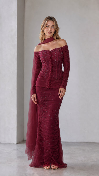 Burgundy embellished off-shoulder mermaid maxi dress with long sleeves