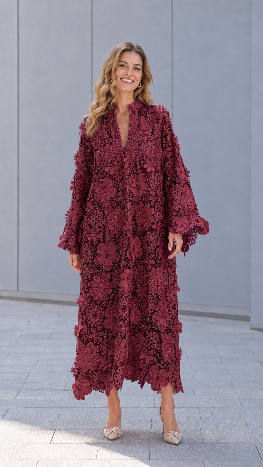 Model wearing burgundy floral lace maxi dress