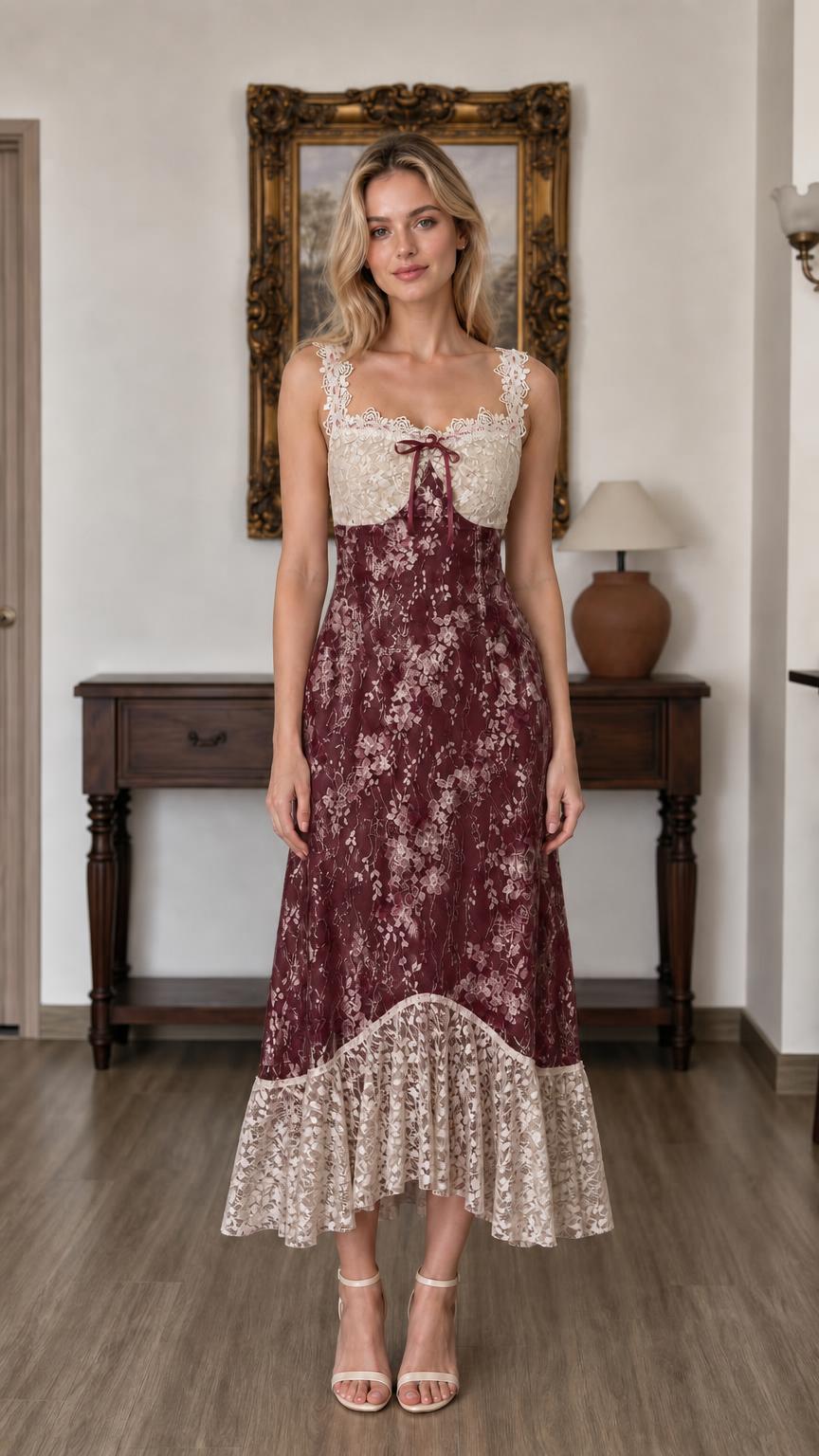 Front view of burgundy floral lace midi dress