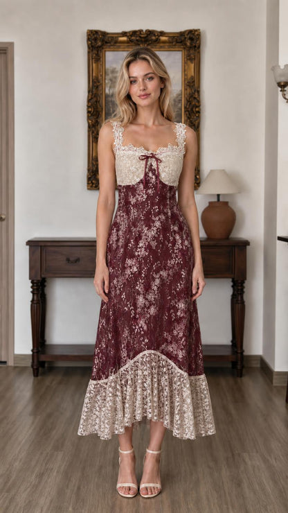 Front view of burgundy floral lace midi dress