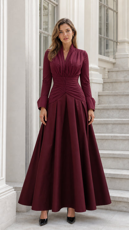 Front view of burgundy and burgundy-toned two-tone maxi dress