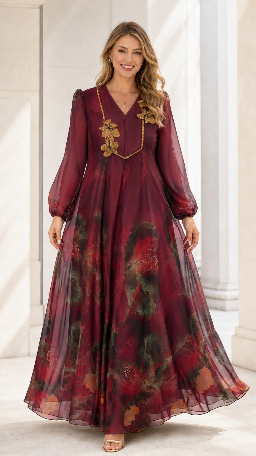Burgundy wine watercolor print chiffon maxi gown with appliqué trim