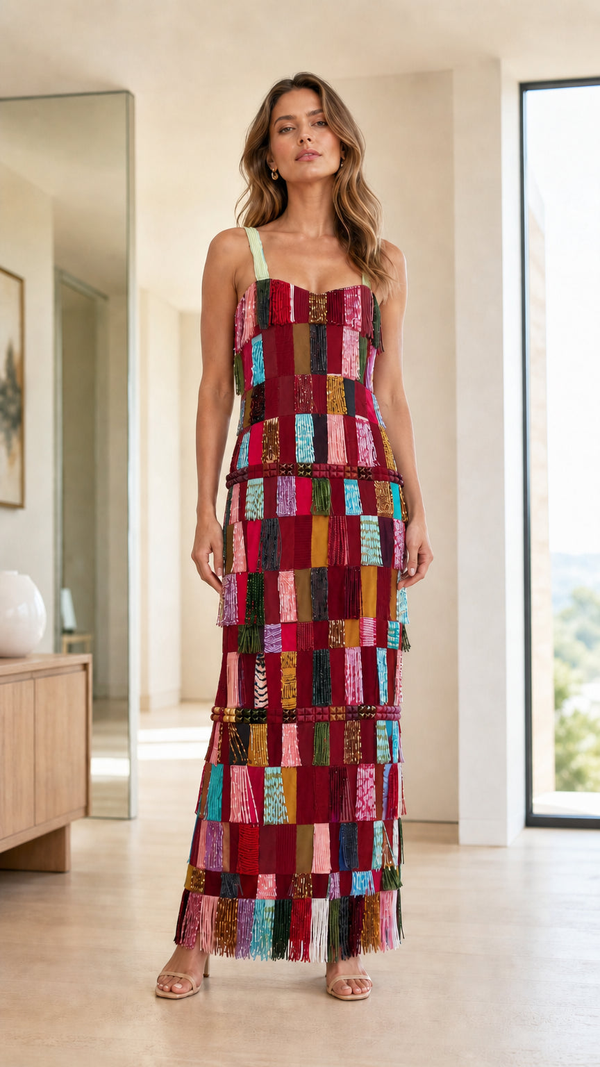 Burgundy multi color variant of beaded fringe maxi dress