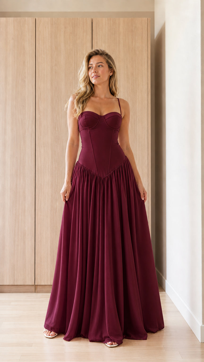 Front view of burgundy red bustier maxi dress