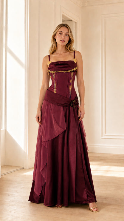 Full-length view of woman wearing burgundy wine red Renaissance corset maxi dress