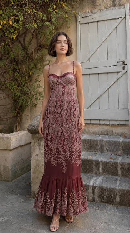 Model wearing burgundy paisley maxi dress variant