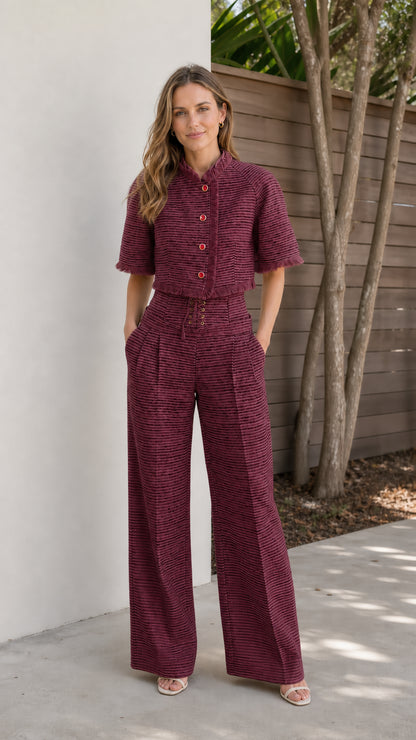 Model wearing burgundy tweed crop jacket and wide-leg pants set