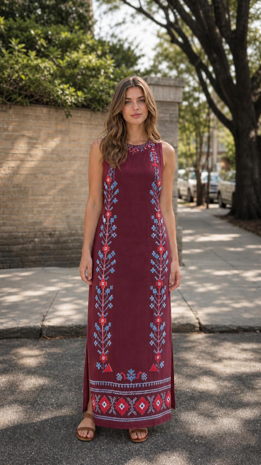 Front view of woman wearing burgundy embroidered maxi dress