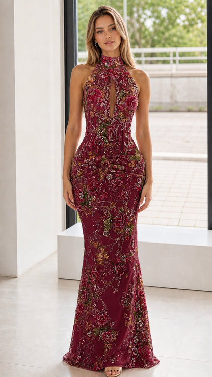 Front view of burgundy floral embroidered halter evening dress