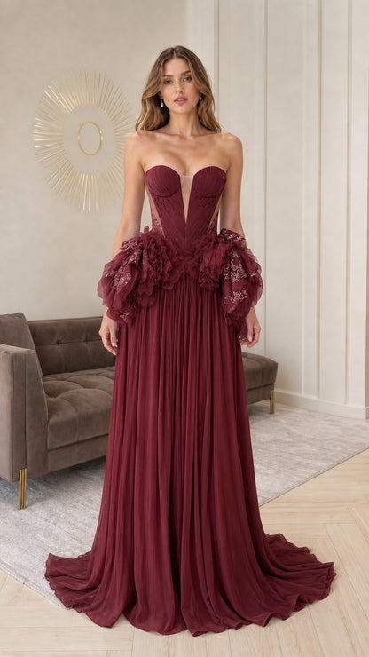 Burgundy red strapless evening gown for formal events