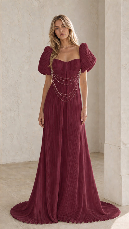 Front view of Burgundy pearl draped pleated maxi dress