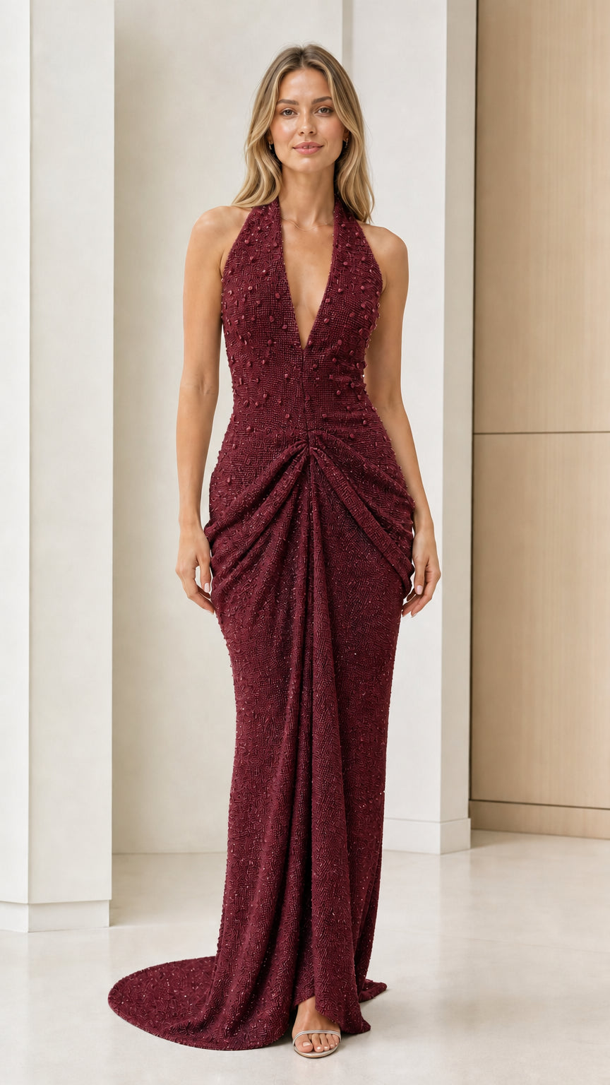 Front view of burgundy glitter halter evening dress
