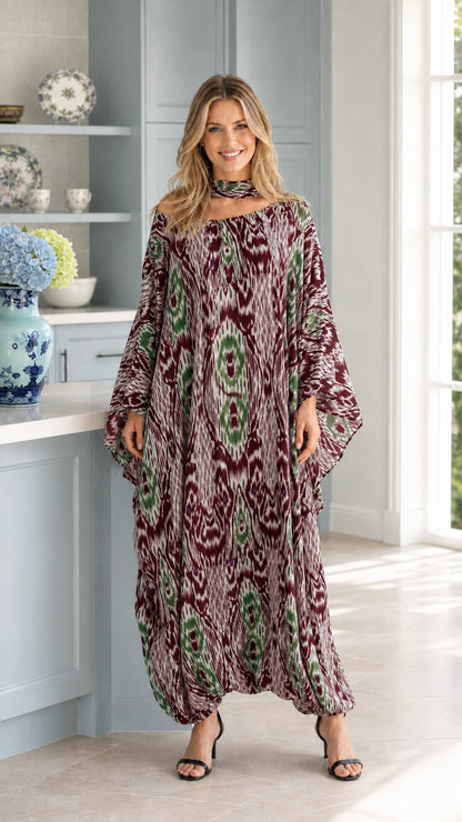 Front full view of woman wearing burgundy wine Ikat print kaftan maxi dress