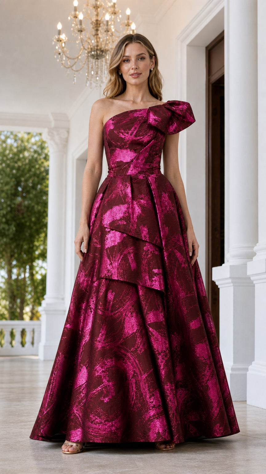 Front view of burgundy metallic evening dress