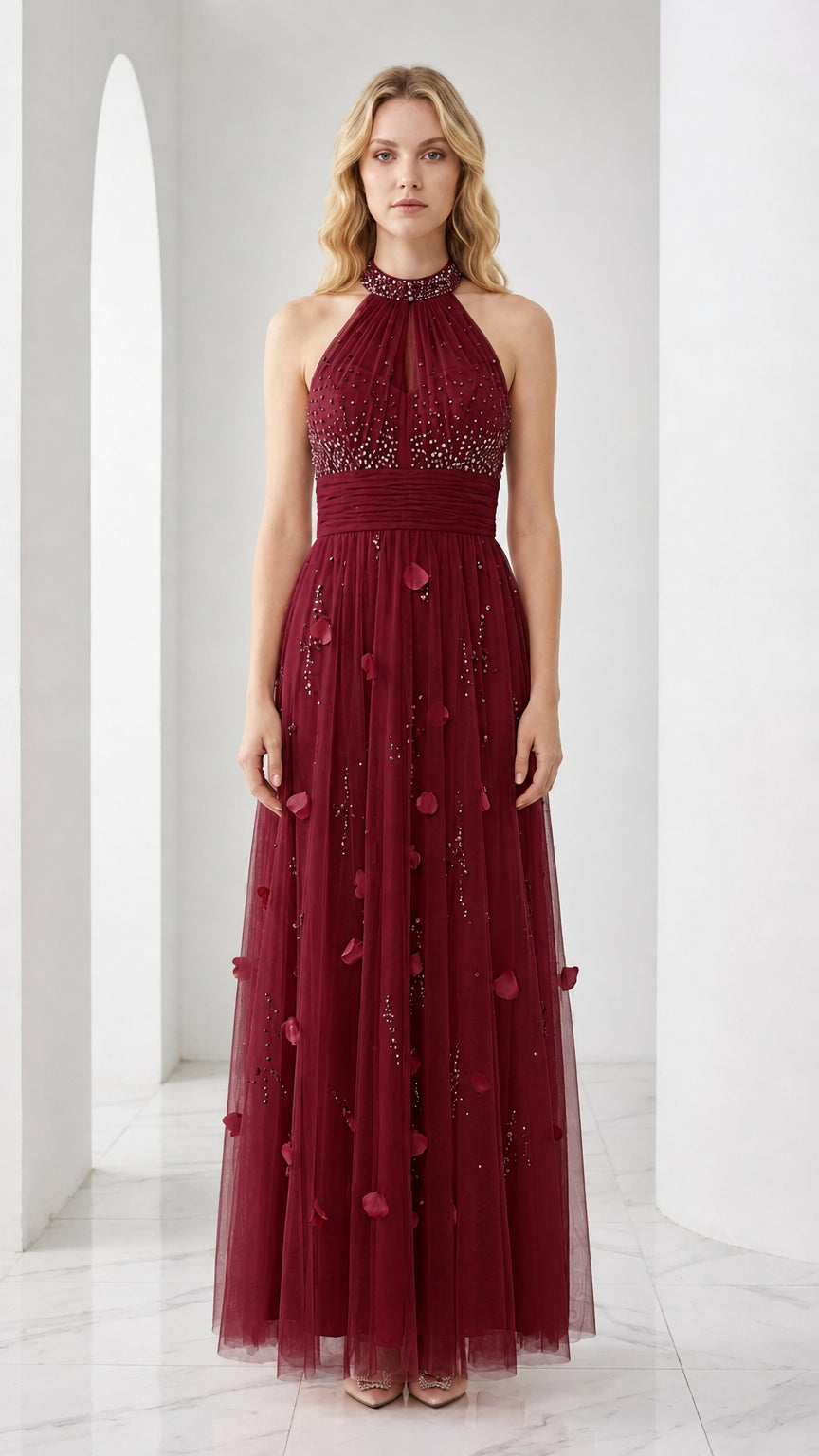 Burgundy embellished halter neck tulle evening dress