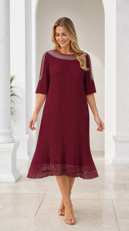 Burgundy pleated midi dress with rhinestone illusion neckline and half sleeves