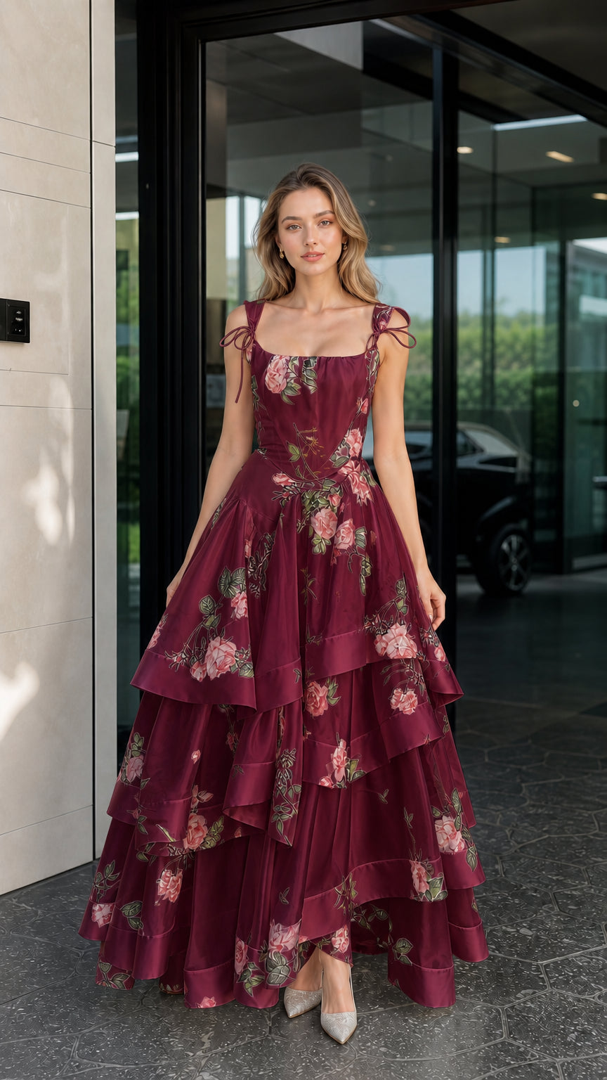 Woman wearing burgundy floral tiered maxi dress