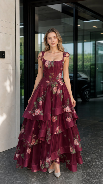 Woman wearing burgundy floral tiered maxi dress