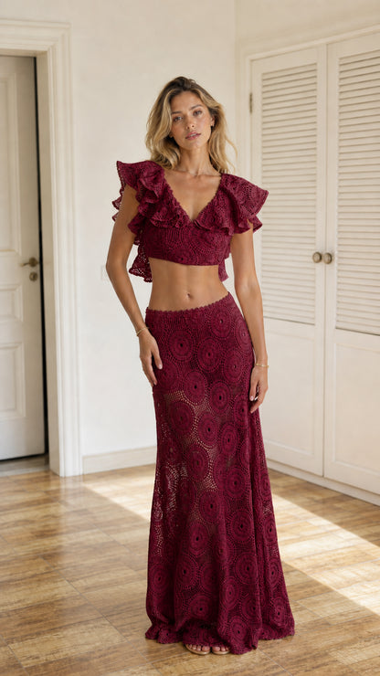 Front full view of burgundy crochet two-piece set