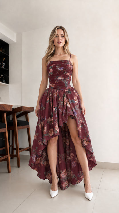Woman wearing burgundy floral high-low cami dress