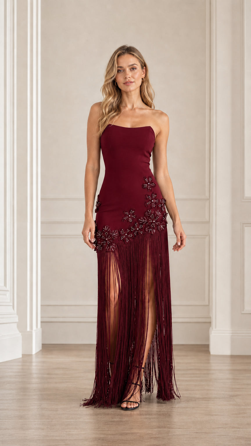 Front view of burgundy strapless evening dress