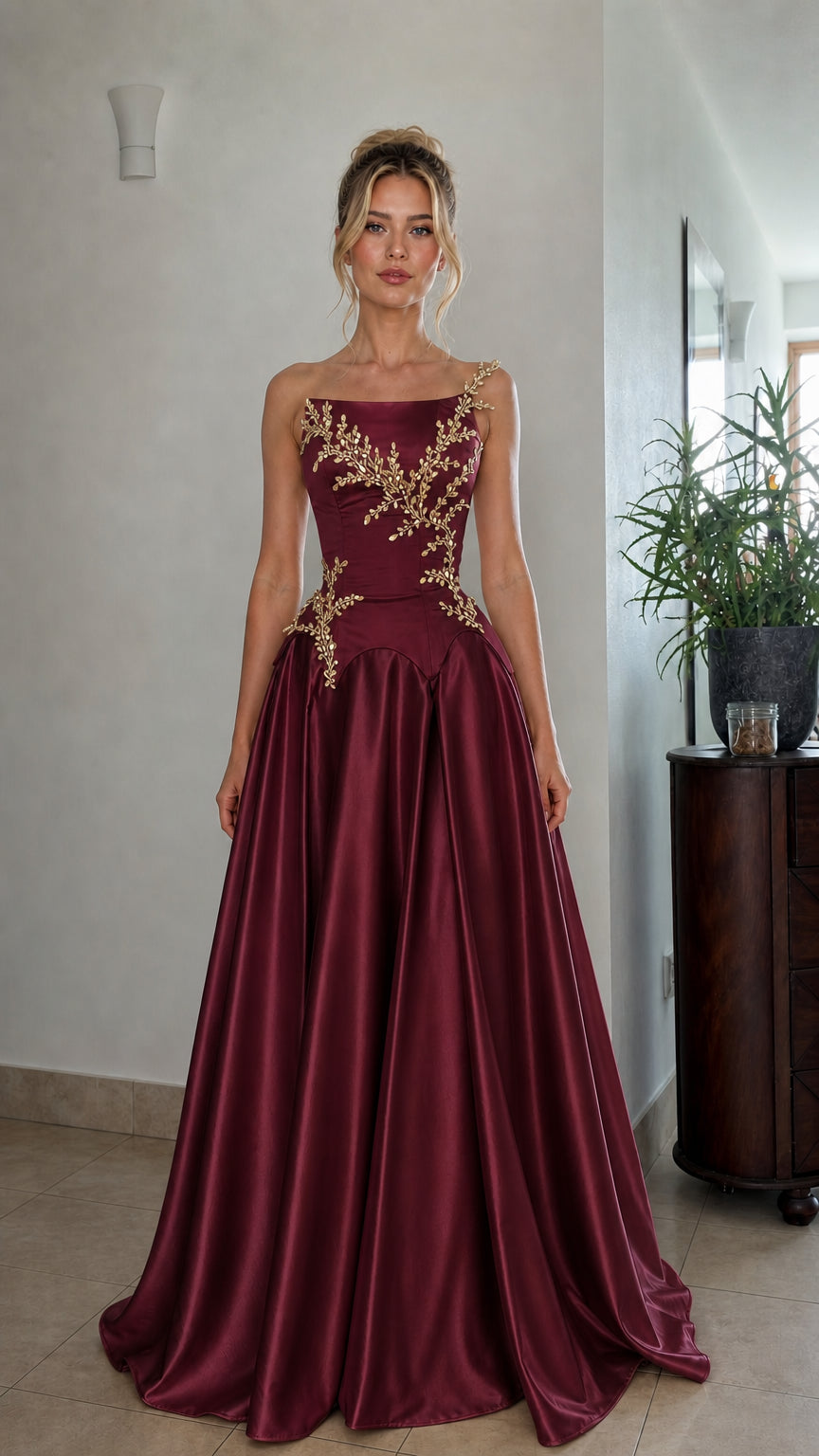 Front view of burgundy satin formal evening gown