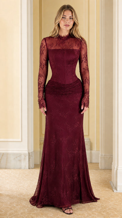 Model wearing Burgundy long-sleeve lace corset maxi dress