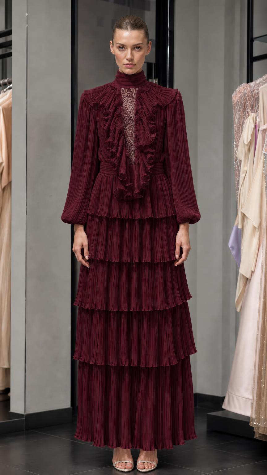 Front view of burgundy pleated high-neck maxi dress with ruffles