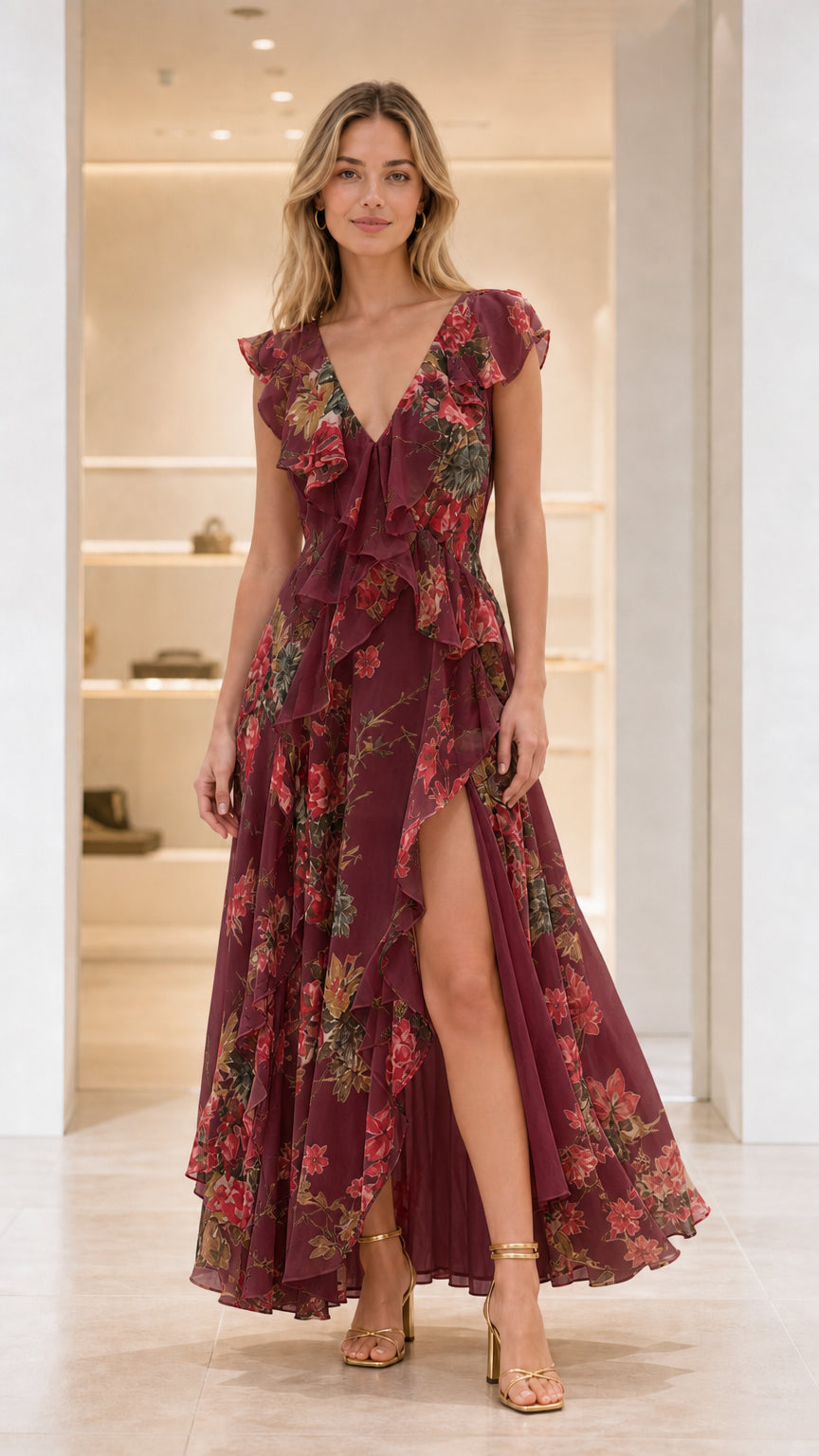 Front view of Burgundy Floral ruffle backless maxi dress with high slit