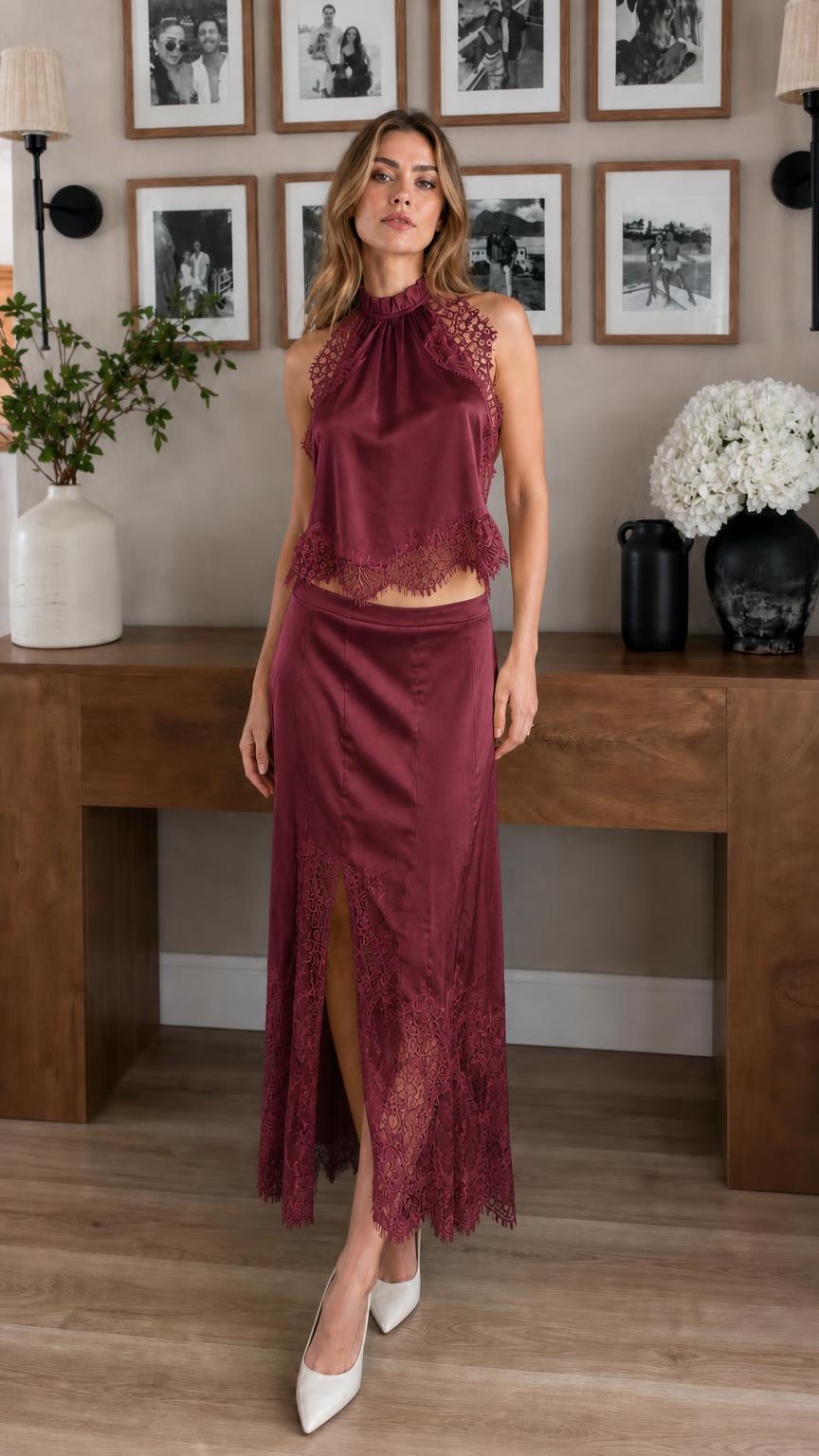 Burgundy Satin Lace Trim High Neck Crop Top and Midi Skirt Set