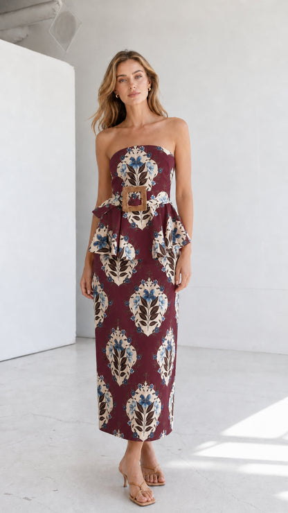 Full length view of model in burgundy strapless floral midi dress